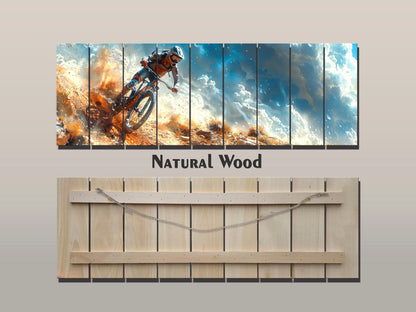 Mountain Biker Wall Art – Rustic Wooden Print on Wood | Outdoor Sports Decor
