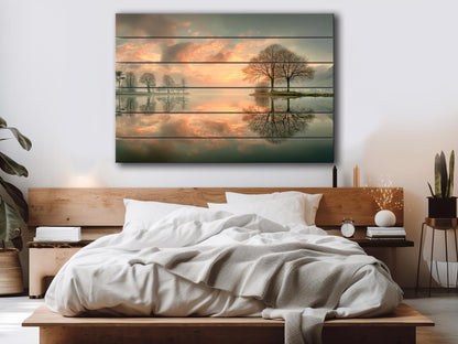 Sunset Lake Print on Wood, Trees Reflection Landscape, Rustic Nature Wall Decor