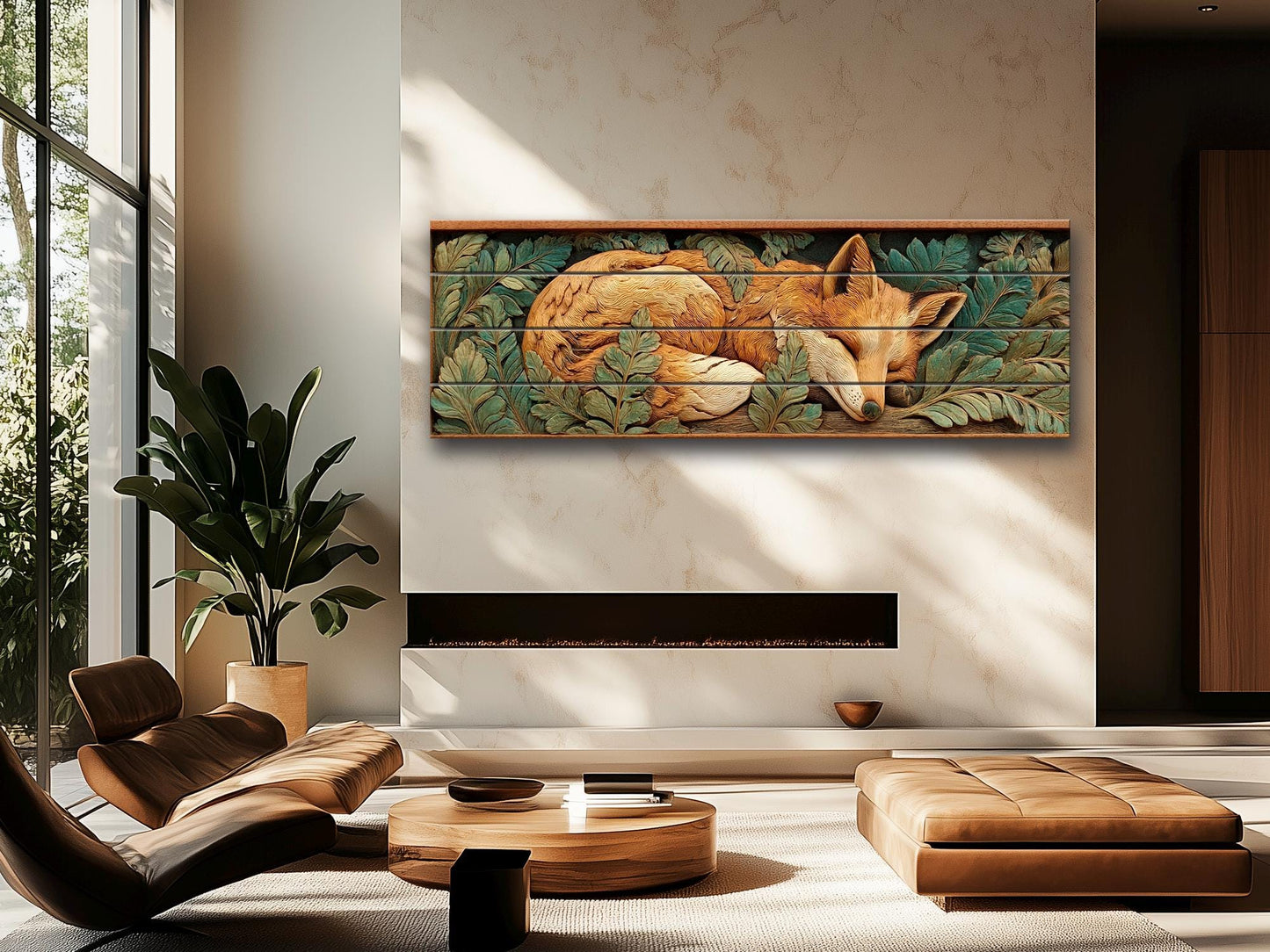 Fox Print On Wood - Rustic Woodland Wall Decor With Beige Green Planks