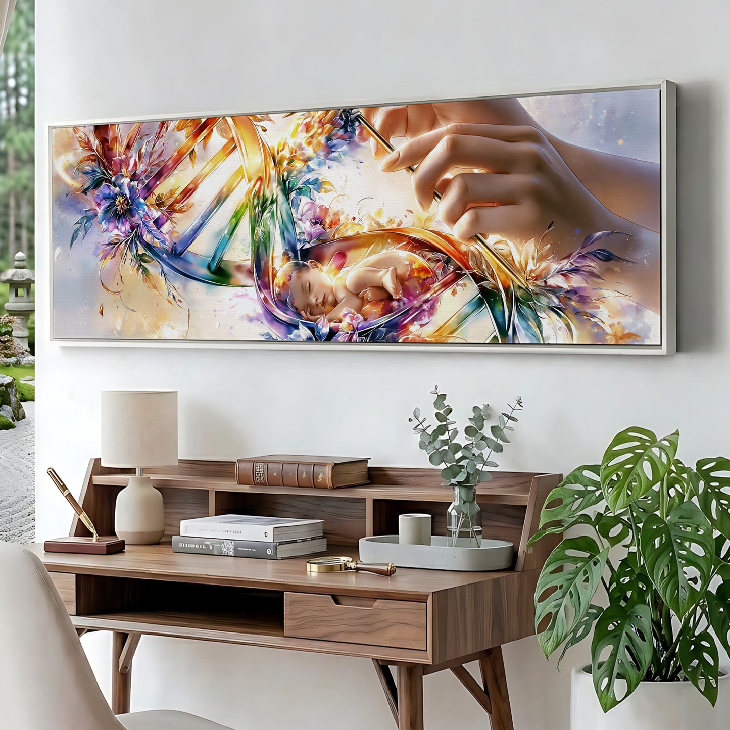 a large, colorful painting of a hand holding a paintbrush, hanging on a wall above a wooden desk with various items on it.