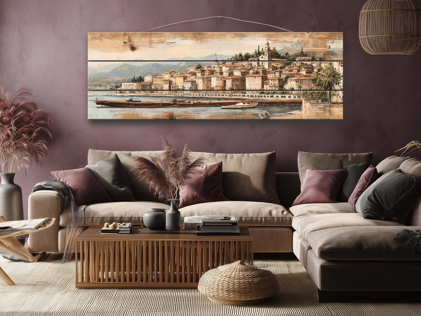 French Riviera Wood Print – Rustic Wall Art With Beige Pastel Painting On Distressed Wood