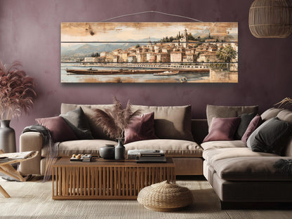 French Riviera Wood Print – Rustic Wall Art With Beige Pastel Painting On Distressed Wood