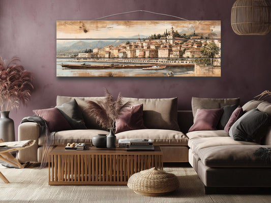 French Riviera Wood Print – Rustic Wall Art With Beige Pastel Painting On Distressed Wood