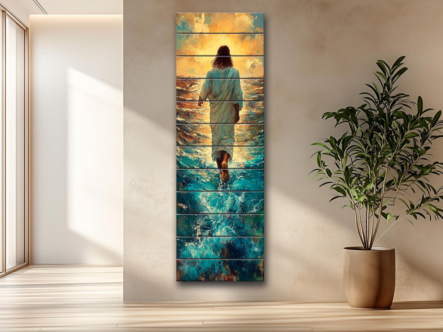 Wood Wall Art – Jesus Walking on Water Print on Natural Wood – Christian Rustic Print – Religious Wall Art, Biblical Wall Decor