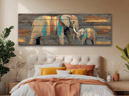 Wood Wall Art - Mother Elephant with Her Calf Print on Natural Wood, Elephants Wall Art, Rustic Elephants Painting, Country Wall Art