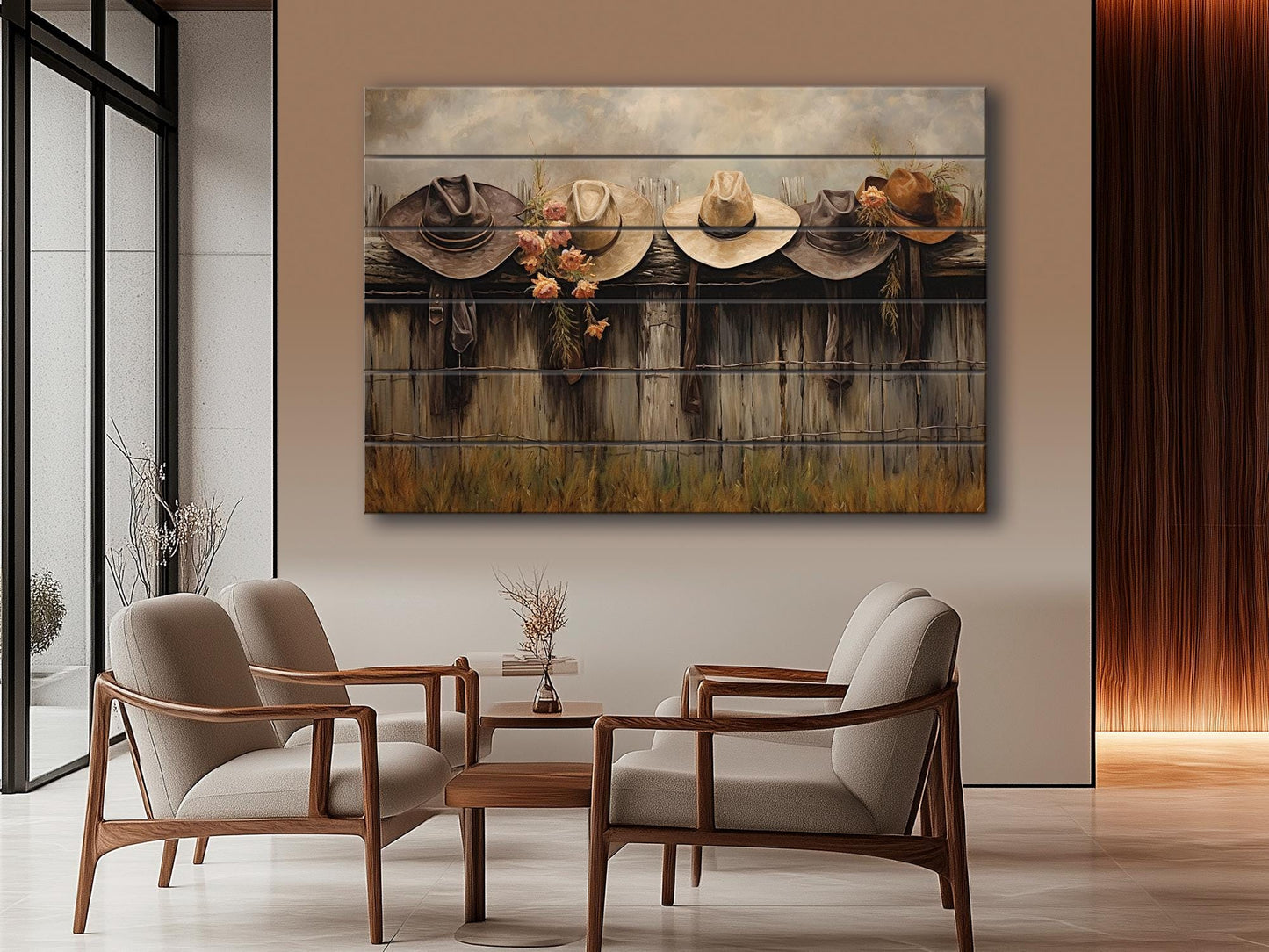 Rustic Fence Wall Art – Wooden Wall Decor with Hanging Hats Print on Natural Wood