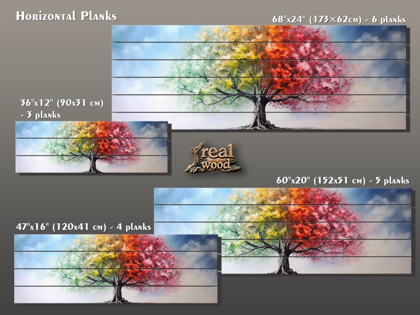 Wood Wall Art – Four Season Tree Print | Colorful Wood Art on Wooden Plank