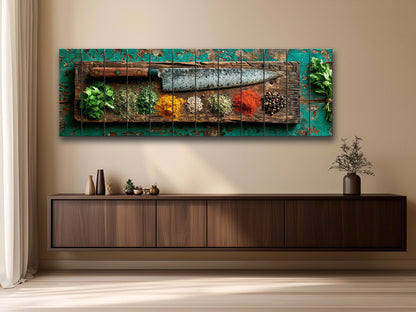 Rustic Kitchen Wall Art – Chef Knife Wood Print with Herbs on Peeling Paint