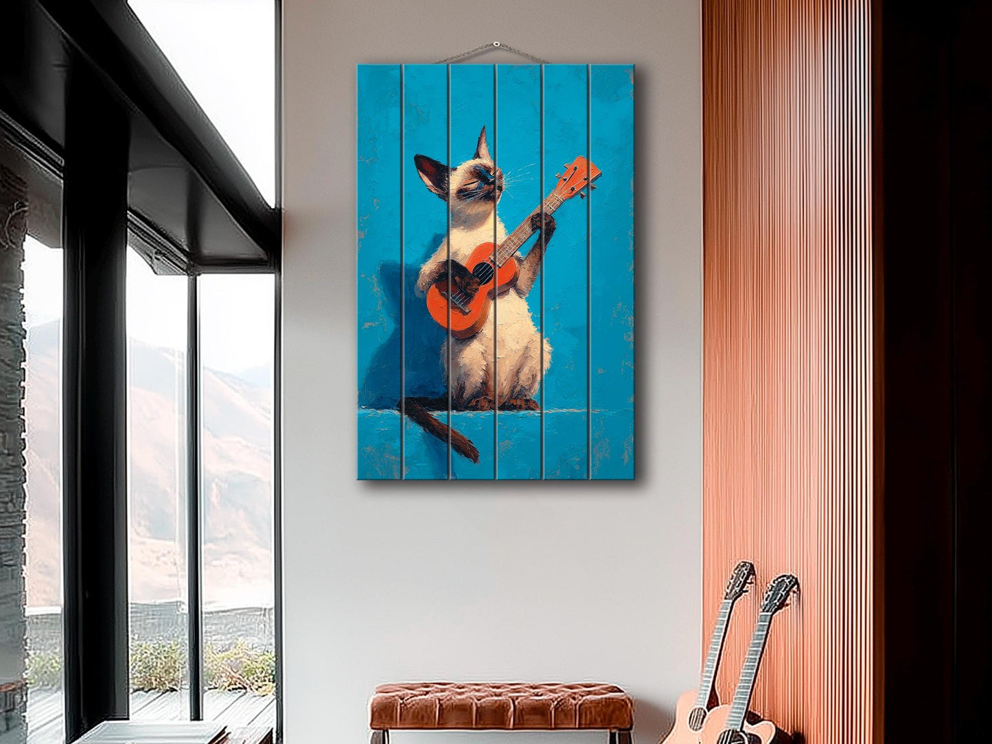 Siamese Cat Wall Art – Wood Wall Art Print of Guitar Playing Cat on Natural Wood