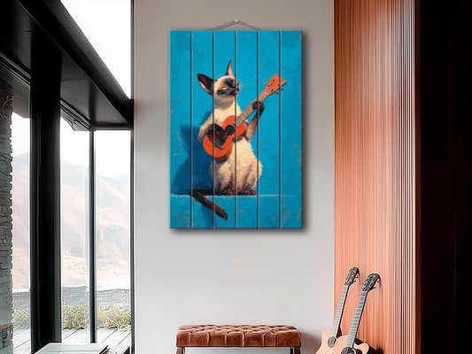 Siamese Cat Wall Art – Wood Wall Art Print of Guitar Playing Cat on Natural Wood