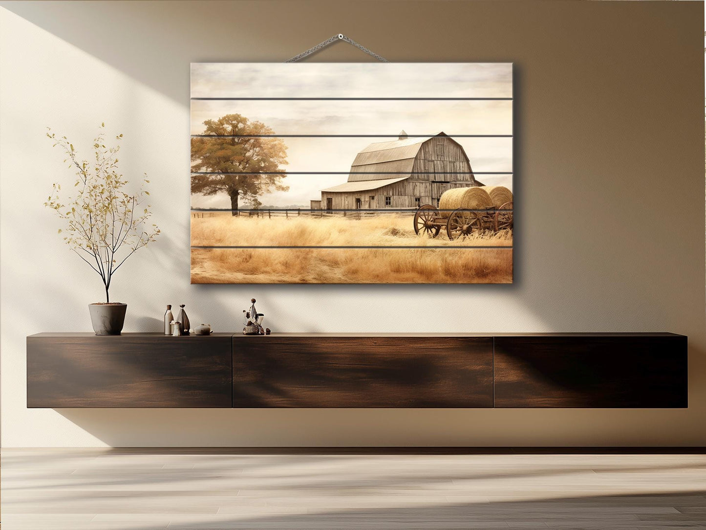 Rustic Wood Wall Art – Old Barn Painting on Natural Wood Plank Art with Vibrant UV Printing