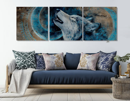 Wolf Canvas Print - Rustic Wolf Art Howling Under Crescent Moon | Ready to Hang