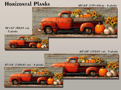 Rustic Wood Wall Art - Vintage Pickup Truck Print on Wood Plank with Pumpkins & Sunflowers