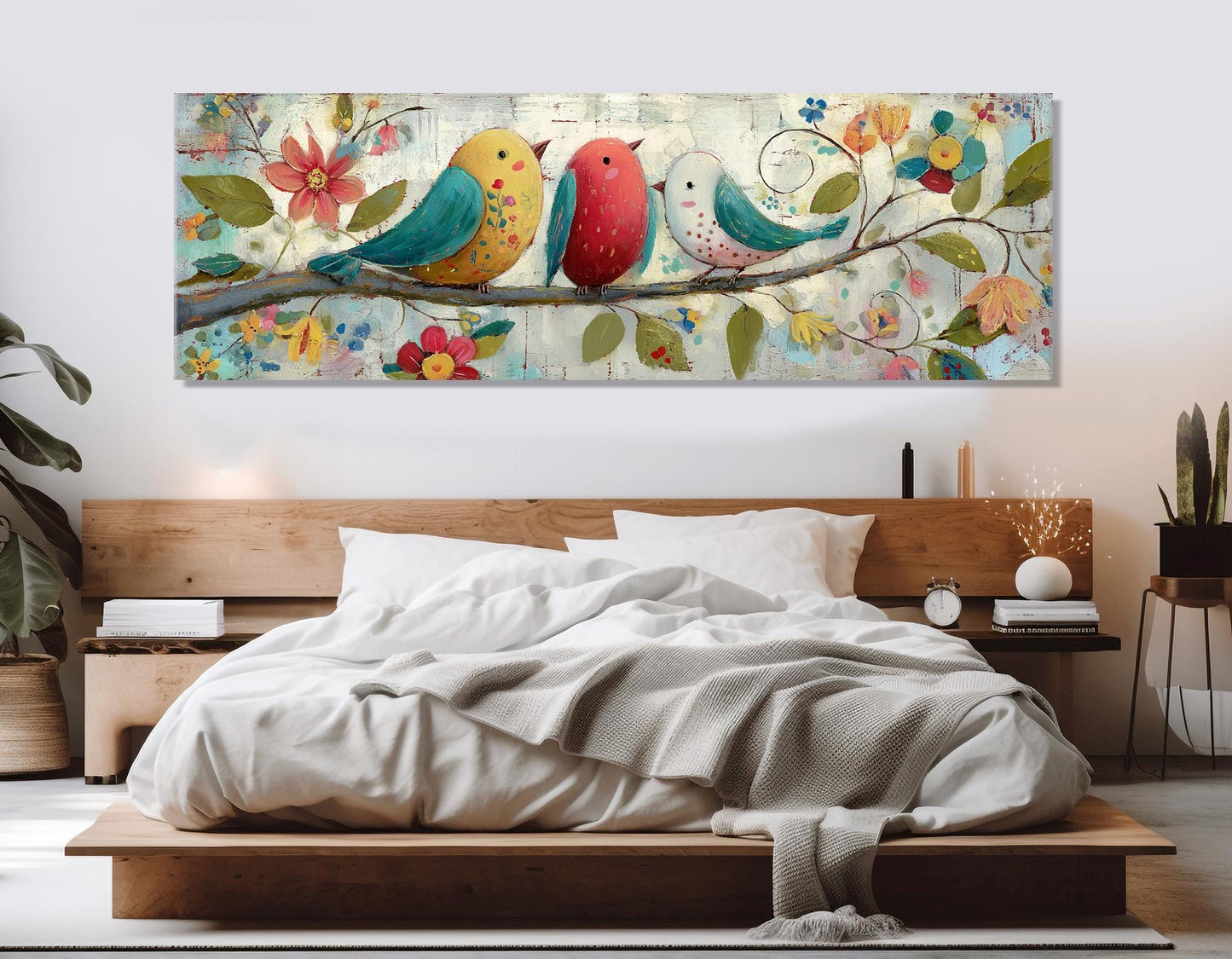 Folk Art Canvas Print – Birds on Floral Branch | Rustic Wall Decor, Ready to Hang