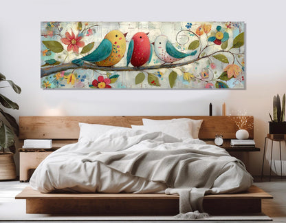Folk Art Canvas Print – Birds on Floral Branch | Rustic Wall Decor, Ready to Hang