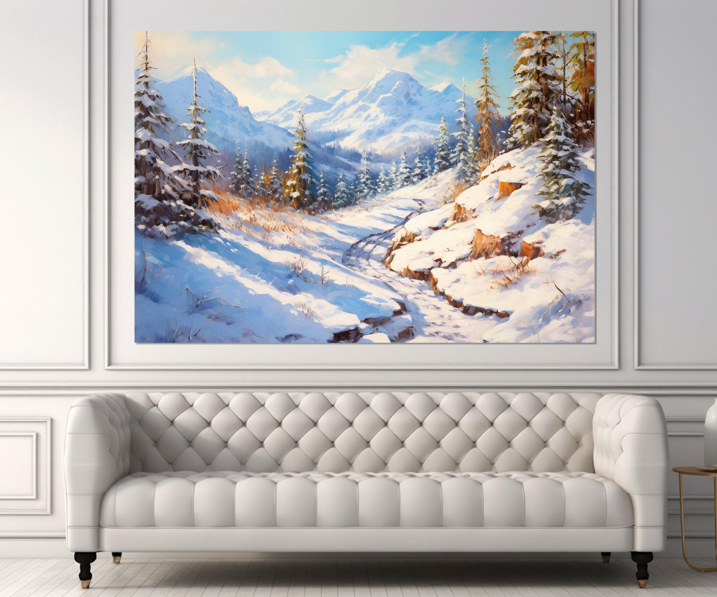 Winter Landscape Canvas Print, Forest and Mountains Painting, Winter Nature Wall Art, Framed and Ready to Hang