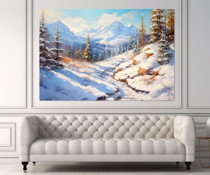 Winter Landscape Canvas Print, Forest and Mountains Painting, Winter Nature Wall Art, Framed and Ready to Hang