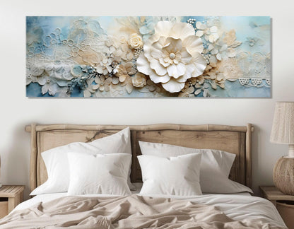 Floral Canvas Print – Soft Tones Blue Damask Embroidered Doily Art, Framed & Ready to Hang