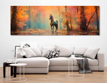 Horse Canvas Art – Fantasy Horse Poster in Autumn Forest | Framed Canvas Print Ready to Hang
