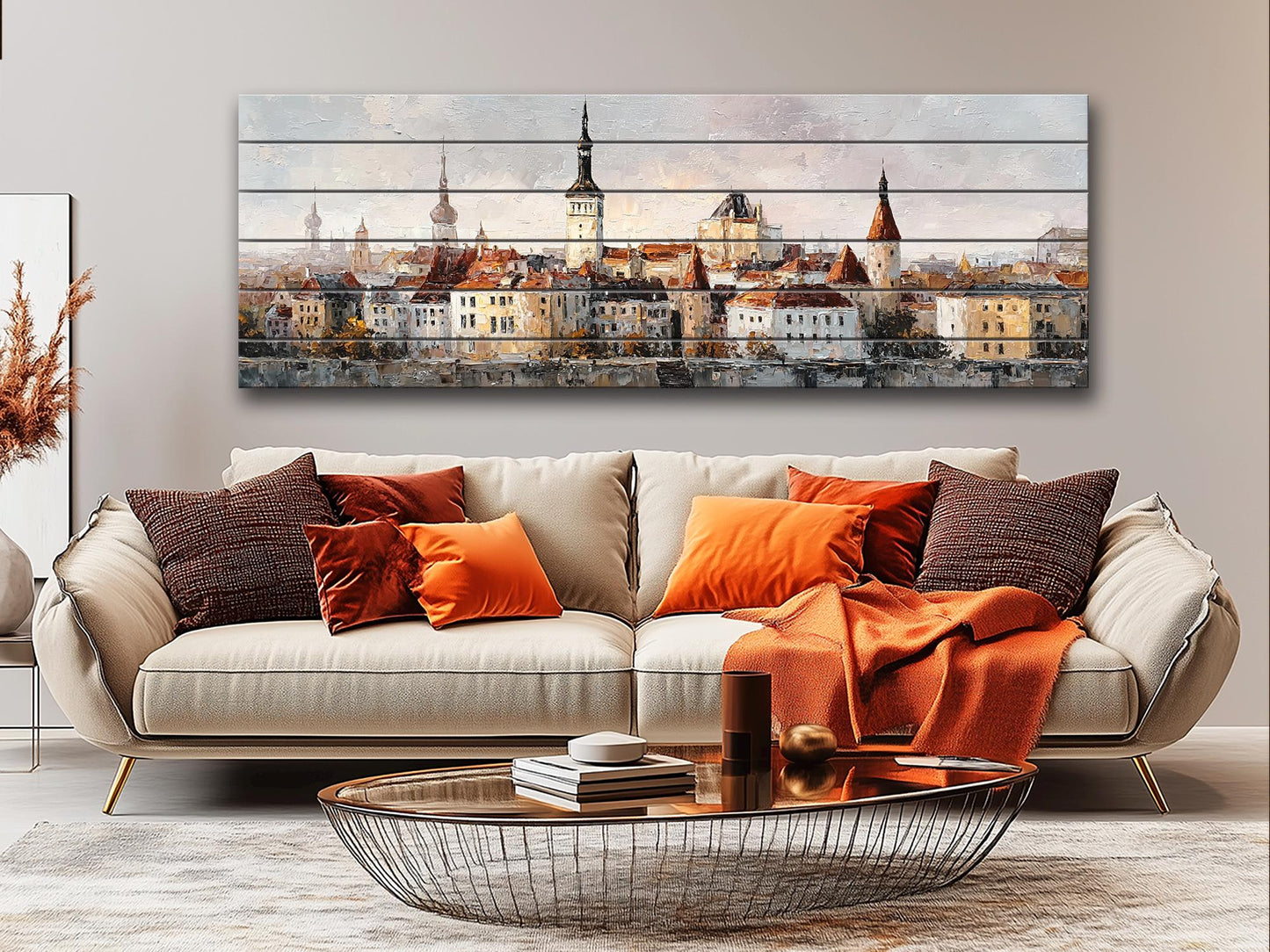 Tallinn Wood Print – Rustic Wall Art With Beige Morning Skyline on Distressed Wood
