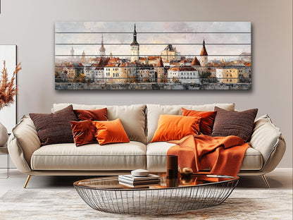 Tallinn Wood Print – Rustic Wall Art With Beige Morning Skyline on Distressed Wood