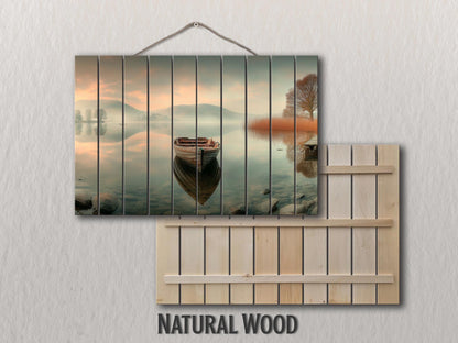 Boat on Misty Lake Print on Wood, Serene Nature Landscape, Rustic Mountain Wall Art