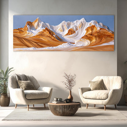 a large, colorful landscape painting hanging on a wall in a living room setting. The painting depicts a mountain range with swirling, orange and white patterns, creating a sense of movement and depth. The room is furnished with two white armchairs and a wooden coffee table, providing a cozy and inviting atmosphere.