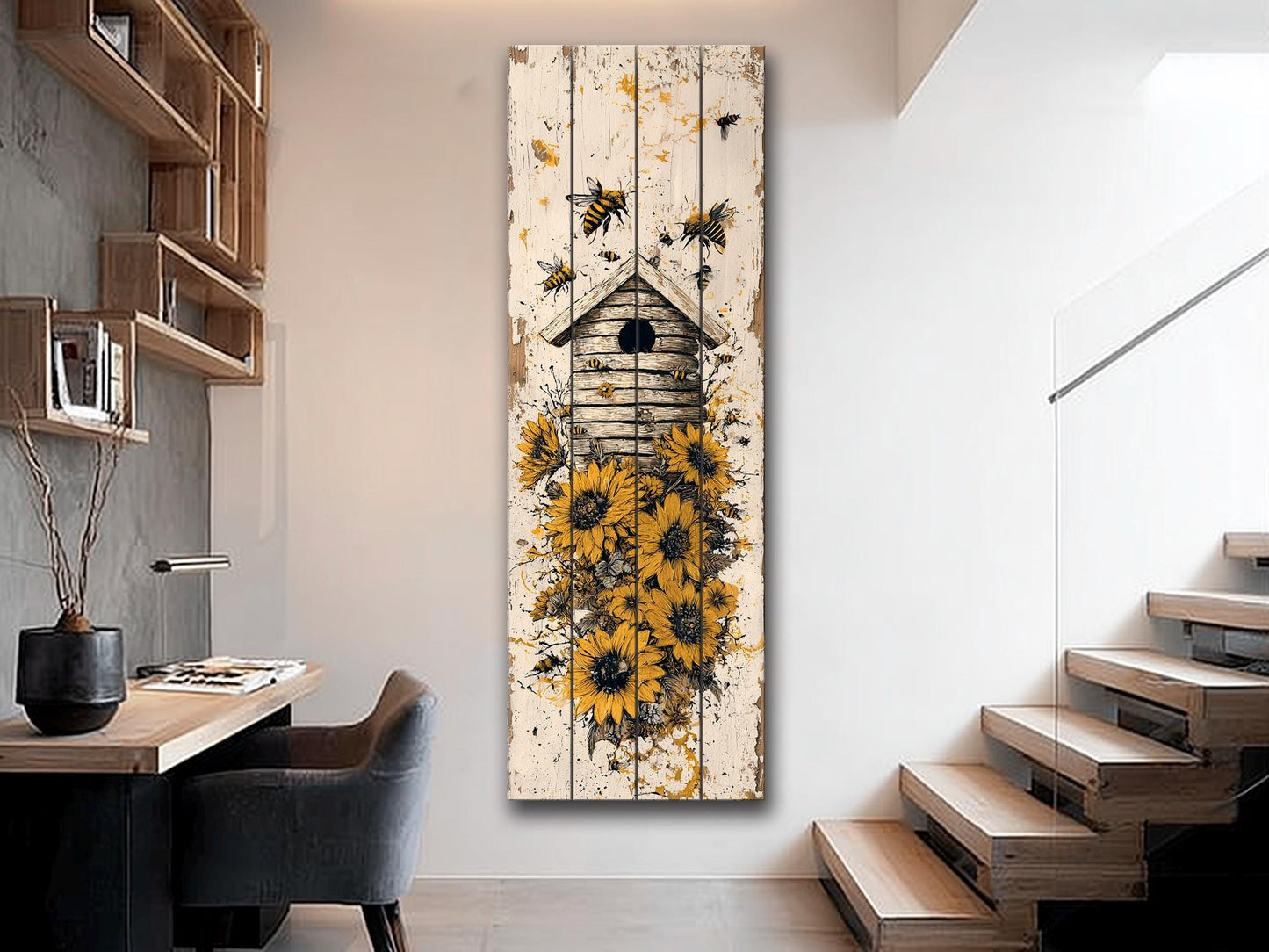 Rustic Wood Wall Art – Beehive Wood Print with Sunflower Floral Decor – Farmhouse Style