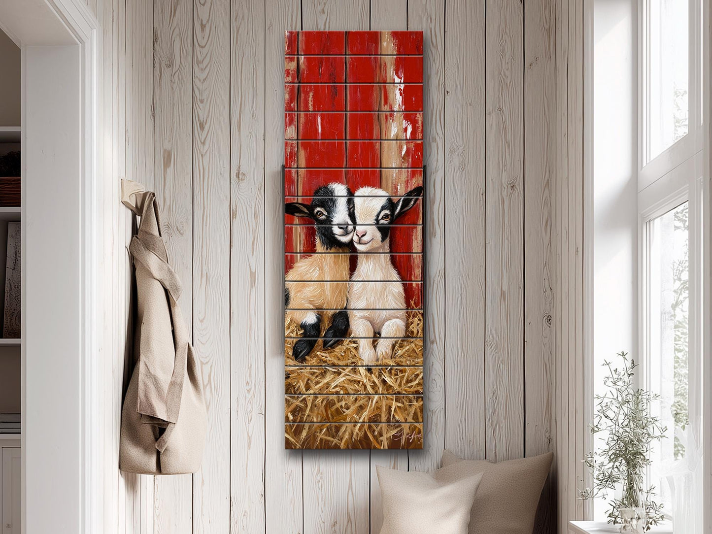 Rustic Wood Wall Art – Two Baby Goats Resting in Straw Next to Red Barn Wall, Farm Animal Print on Natural Linden Wood, Farmhouse Decor