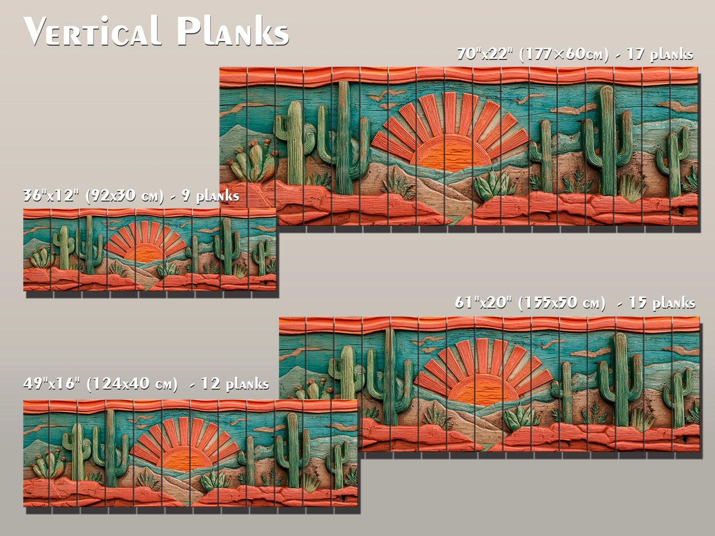 Arizona Desert Wood Print with Cactus and Sun, Rustic Vintage Southwest Wall Art