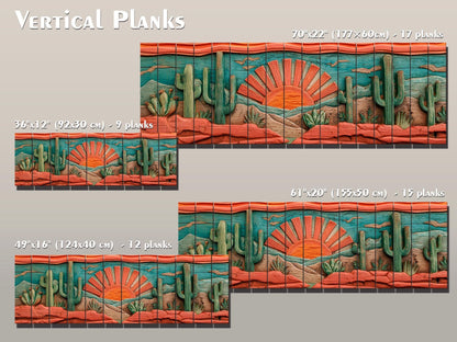 Arizona Desert Wood Print with Cactus and Sun, Rustic Vintage Southwest Wall Art