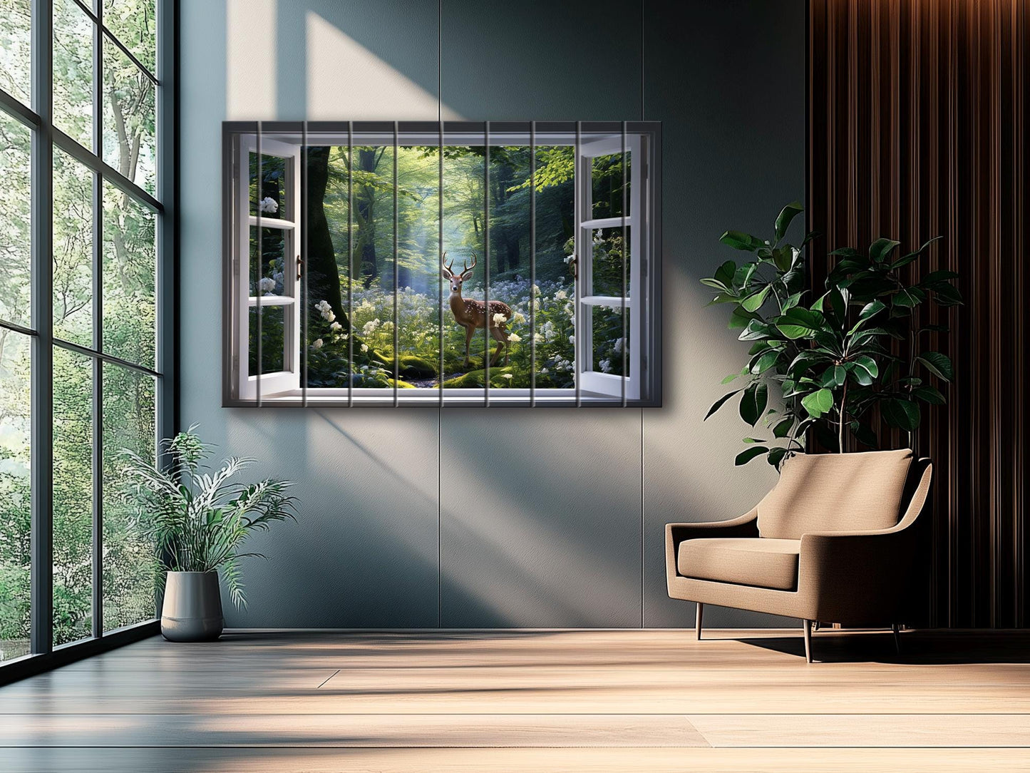Wood Wall Art - Open Window Artwork Featuring Deer | Natural Wood Grain Decor