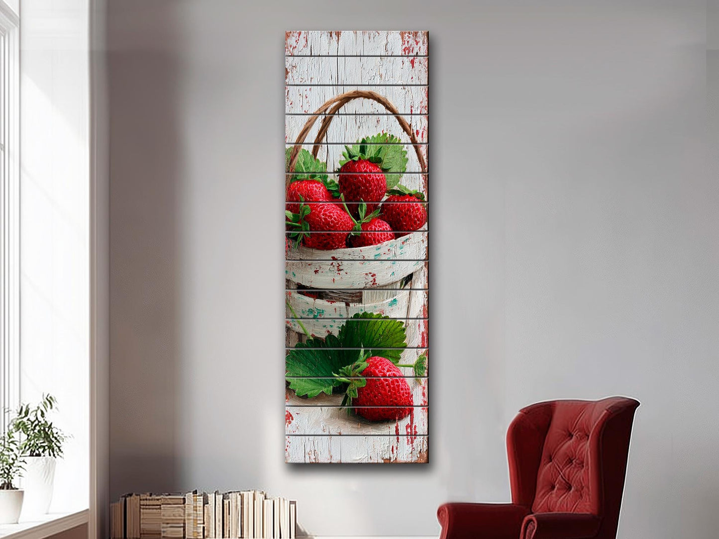 Rustic Wood Wall Art – Strawberry Basket Print | Farmhouse Wall Decor & Cozy Kitchen Decoration