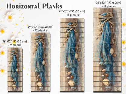 Wood Wall Art - Seashell Print – Nautical Coastal Decor – Fishing Net Beach Print on Natural Wood