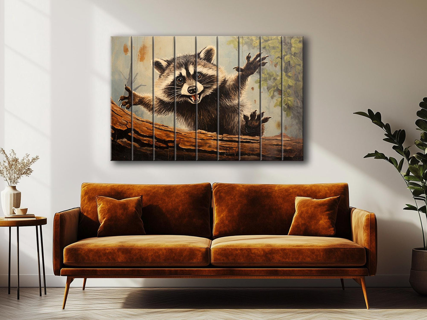 Rustic Woodland Wall Art – Happy Raccoon Wooden Wall Decor on Wood Planks