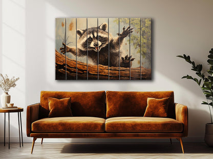 Rustic Woodland Wall Art – Happy Raccoon Wooden Wall Decor on Wood Planks