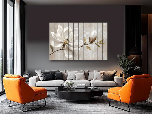 Wood Wall Art – Magnolia Flower Print | Natural Wood Decor, Modern Floral Painting