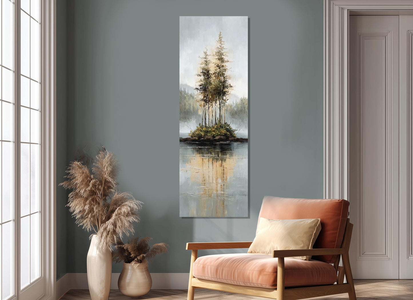Rustic Island Canvas - Tonal Landscape Art With Misty Forest & Calm Water Reflections