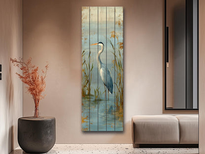 Wood Wall Art – Graceful Heron Print on Natural Wood Planks | Rustic Cabin Decor