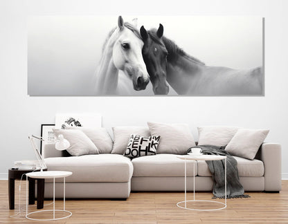 Horses Canvas Print – Black and White Horses in Love Romantic Wall Art, Large Cotton Canvas