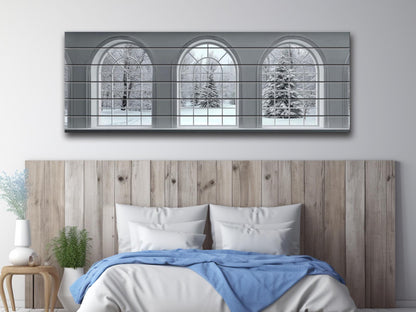 Winter Windows Print on Wood – Snowy Landscape Wall Art, Rustic White Arched Window Decor