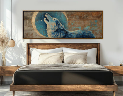 Wolf Canvas Print - Rustic Wolf Art Howling Under Crescent Moon | Framed & Ready to Hang