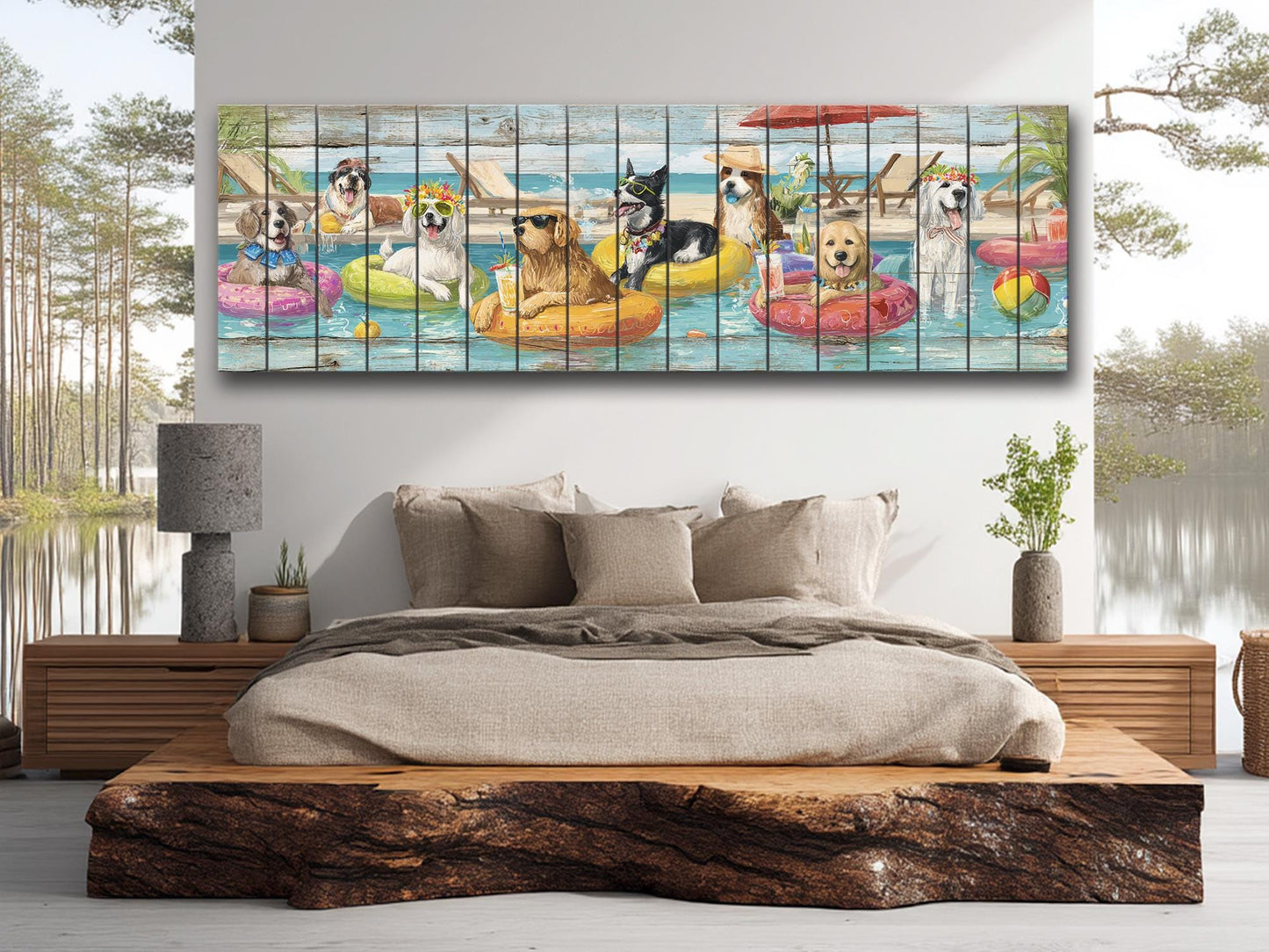 Dog Pool Wall Art – Funny Dog Painting On Rustic Wood For Summer Pool Party
