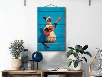 Siamese Cat Wall Art – Wood Wall Art Print of Guitar Playing Cat on Natural Wood