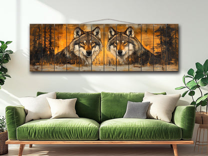 Rustic Wood Wall Art - Wolves Couple Art on Natural Wood Plank Painting