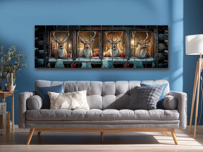 Christmas Reindeer Cabin Print on Wood – Cozy Winter Night Wall Art, Rustic Holiday Decor