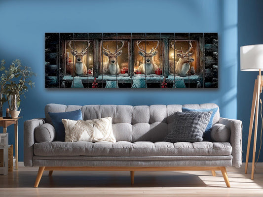 Christmas Reindeer Cabin Print on Wood – Cozy Winter Night Wall Art, Rustic Holiday Decor