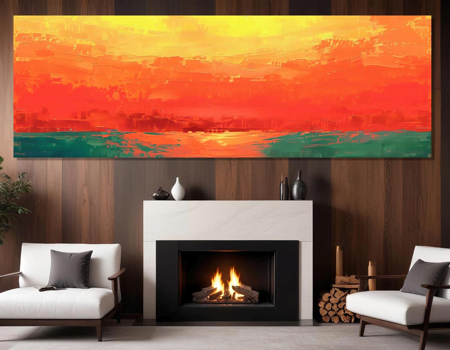Abstract Orange Sunset Painting Canvas Print, Framed and Ready to Hang