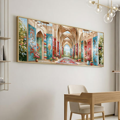 a large, colorful painting of an ornate, arched hallway with intricate architectural details and vibrant colors.