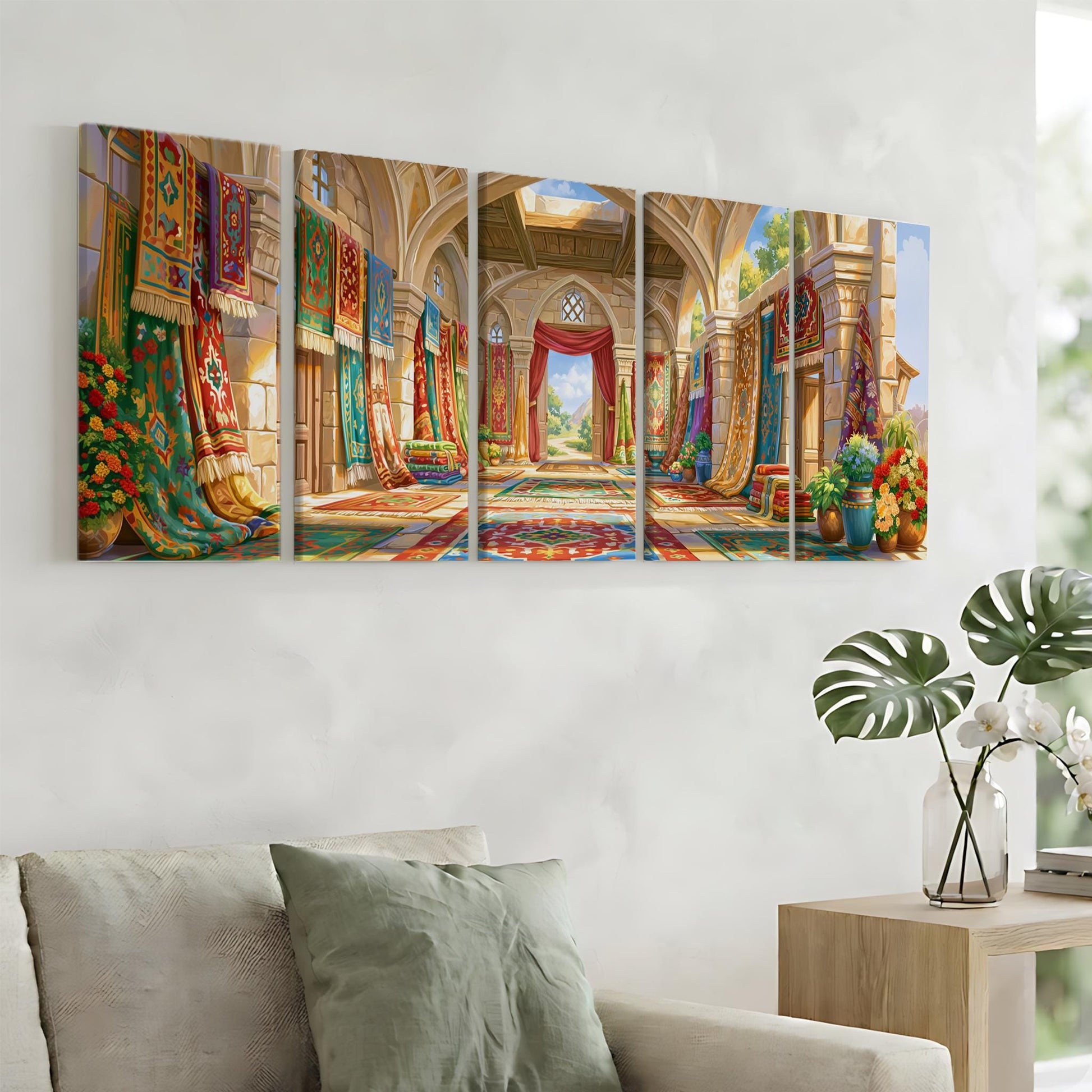 The image is a large, colorful painting depicting an ornate, multi-level hallway with arched doorways, columns, and decorative elements such as rugs and vases.